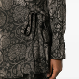 Close up of black jacket, showing texture of the Viscose and  Cupro fabric