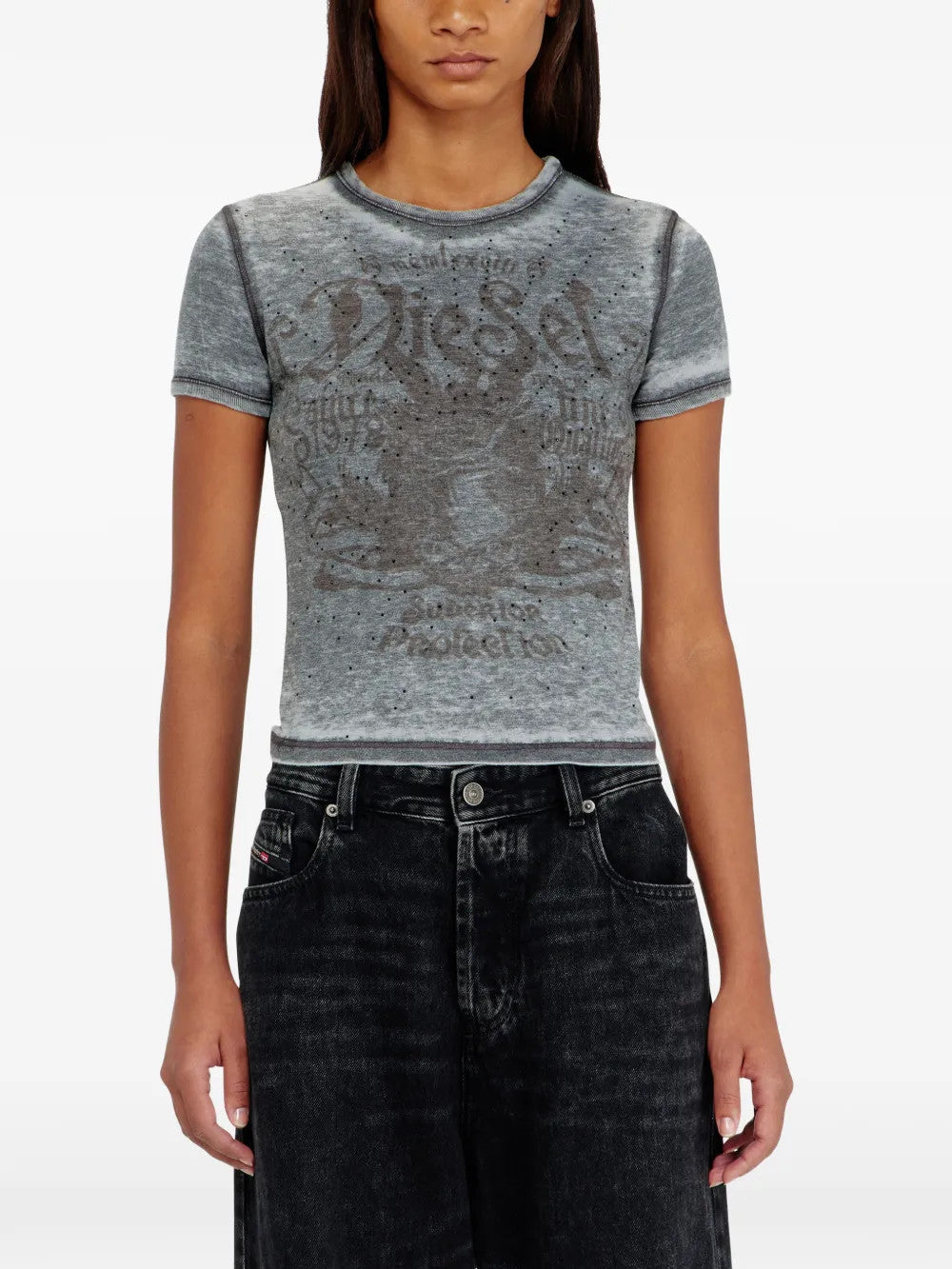Grey t-shirt worn by a person, showing the t-shirt fit