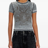 Grey t-shirt worn by a person, showing the t-shirt fit