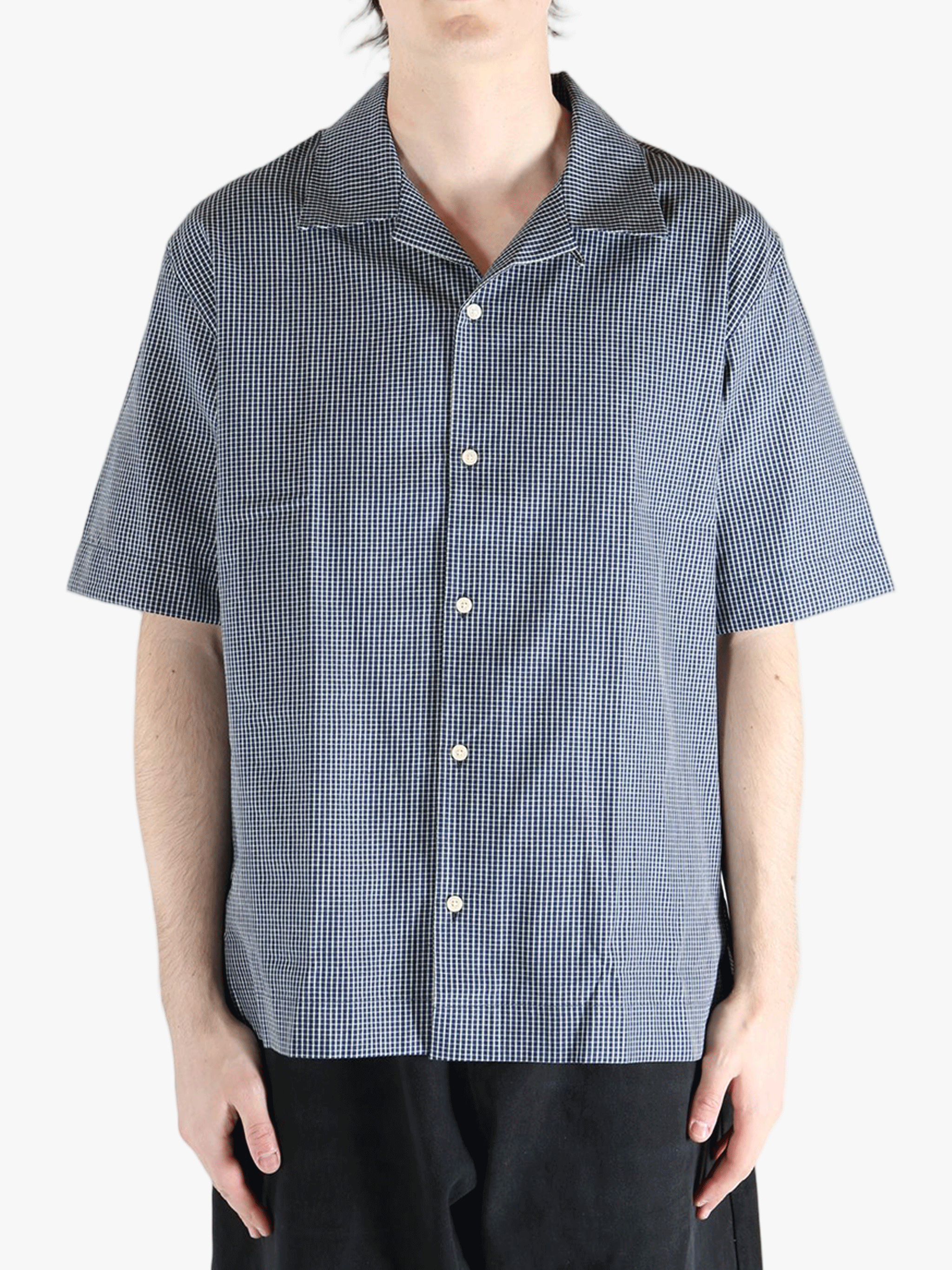 Blue checkered shirt worn by a person, showing the shirt's fit