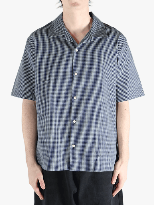 Blue checkered shirt worn by a person, showing the shirt's fit