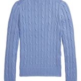 Blue sweater, back view