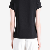 Black t-shirt worn by a person, showing the t-shirt fit