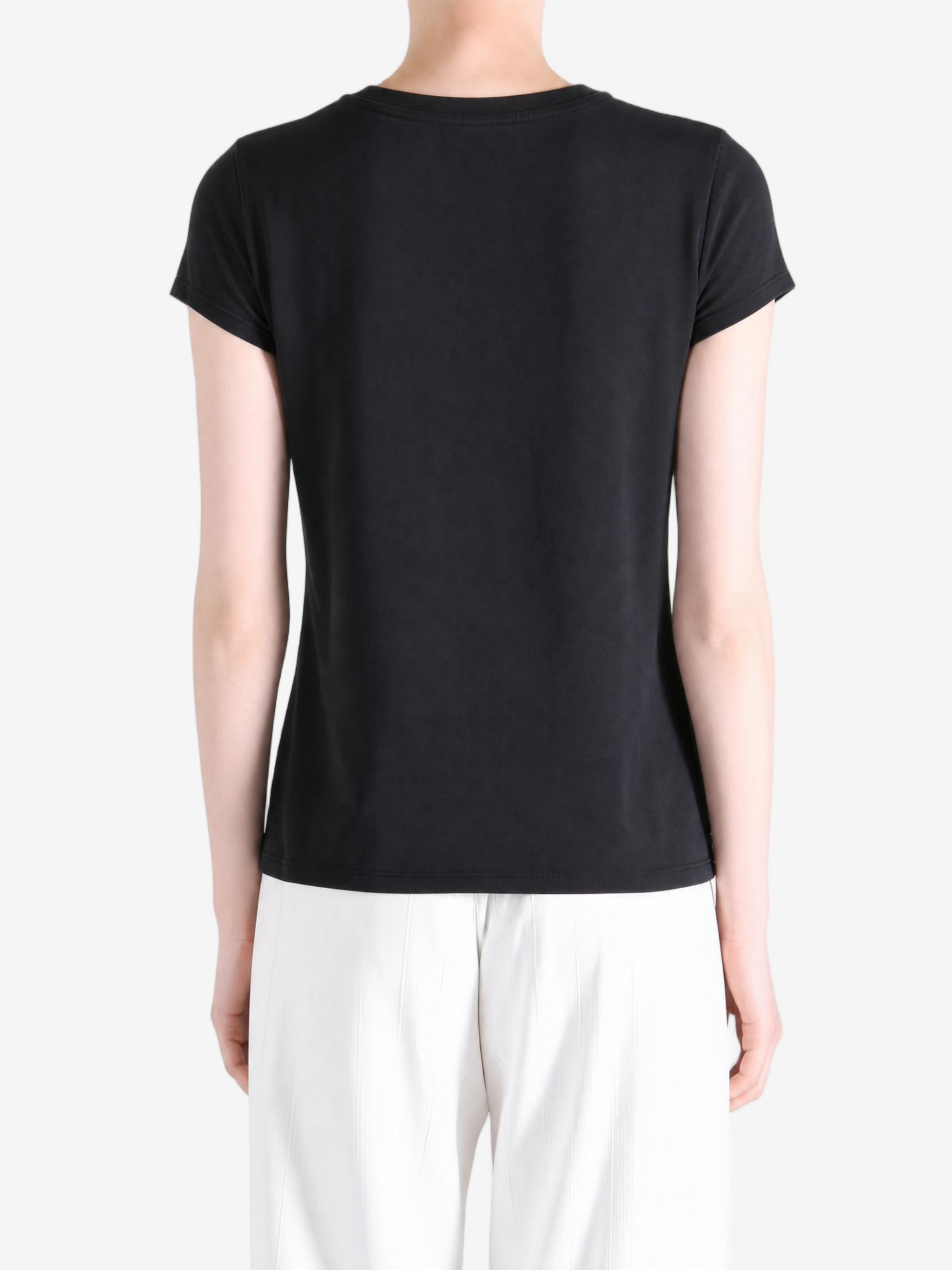 Black t-shirt worn by a person, showing the t-shirt fit
