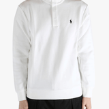 White pullover worn by a person, showing the pullover's fit