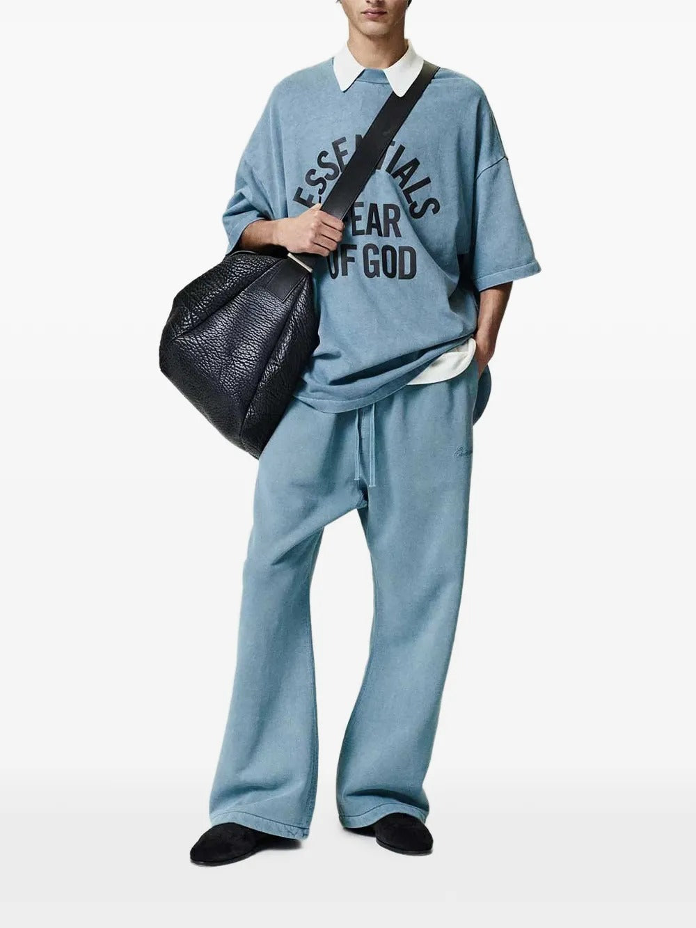 Blue t-shirts, full body view