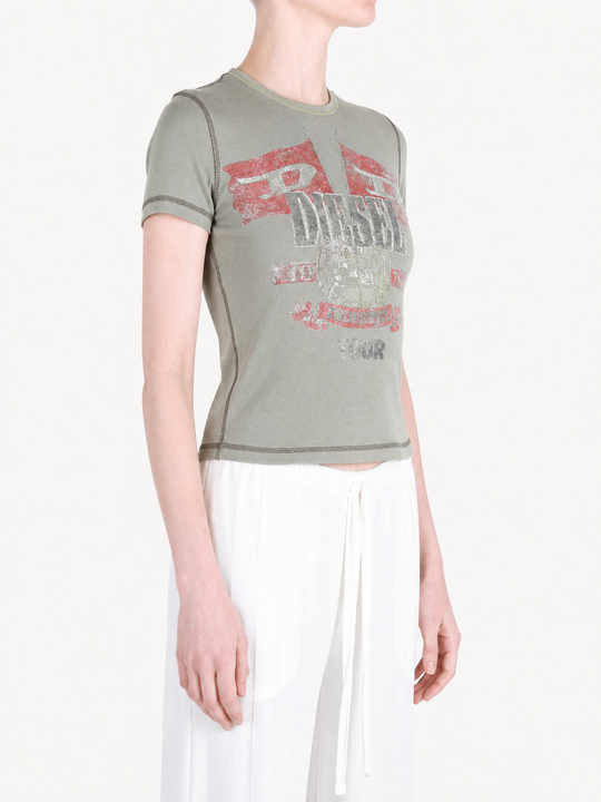 Green t-shirt worn by a person, showing the t-shirt fit