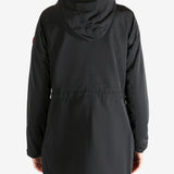 Black coat worn by a person, showing the coat fit