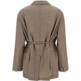 Tan jacket, back view