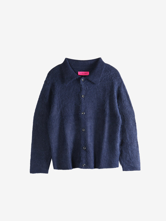 Navy cardigan, front view