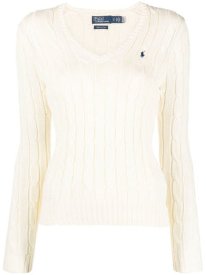 POLO RALRH LAUREN - Women Cable-Knit Cotton V-Neck Sweater