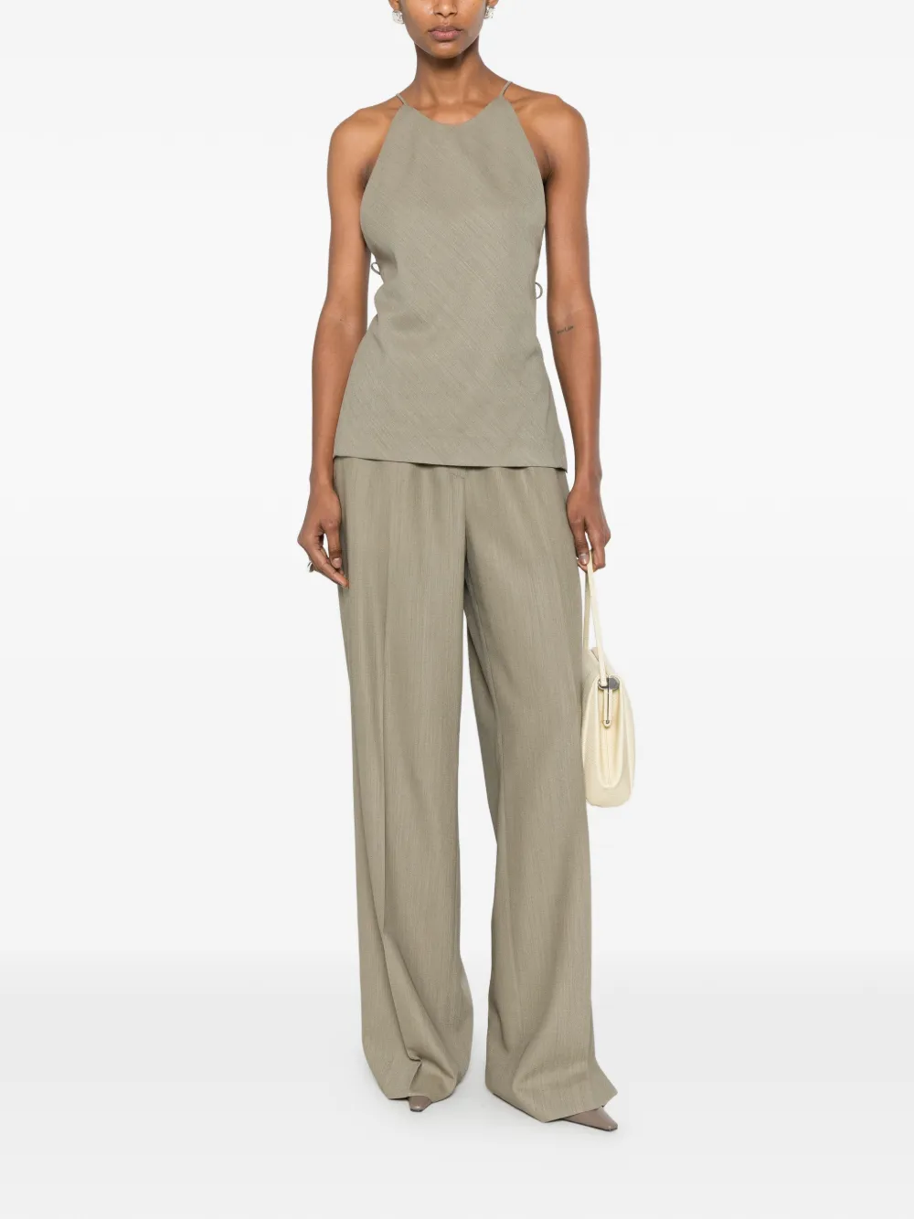 Tan shirt, full body view