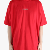 Red t-shirt worn by a person, showing the t-shirt fit