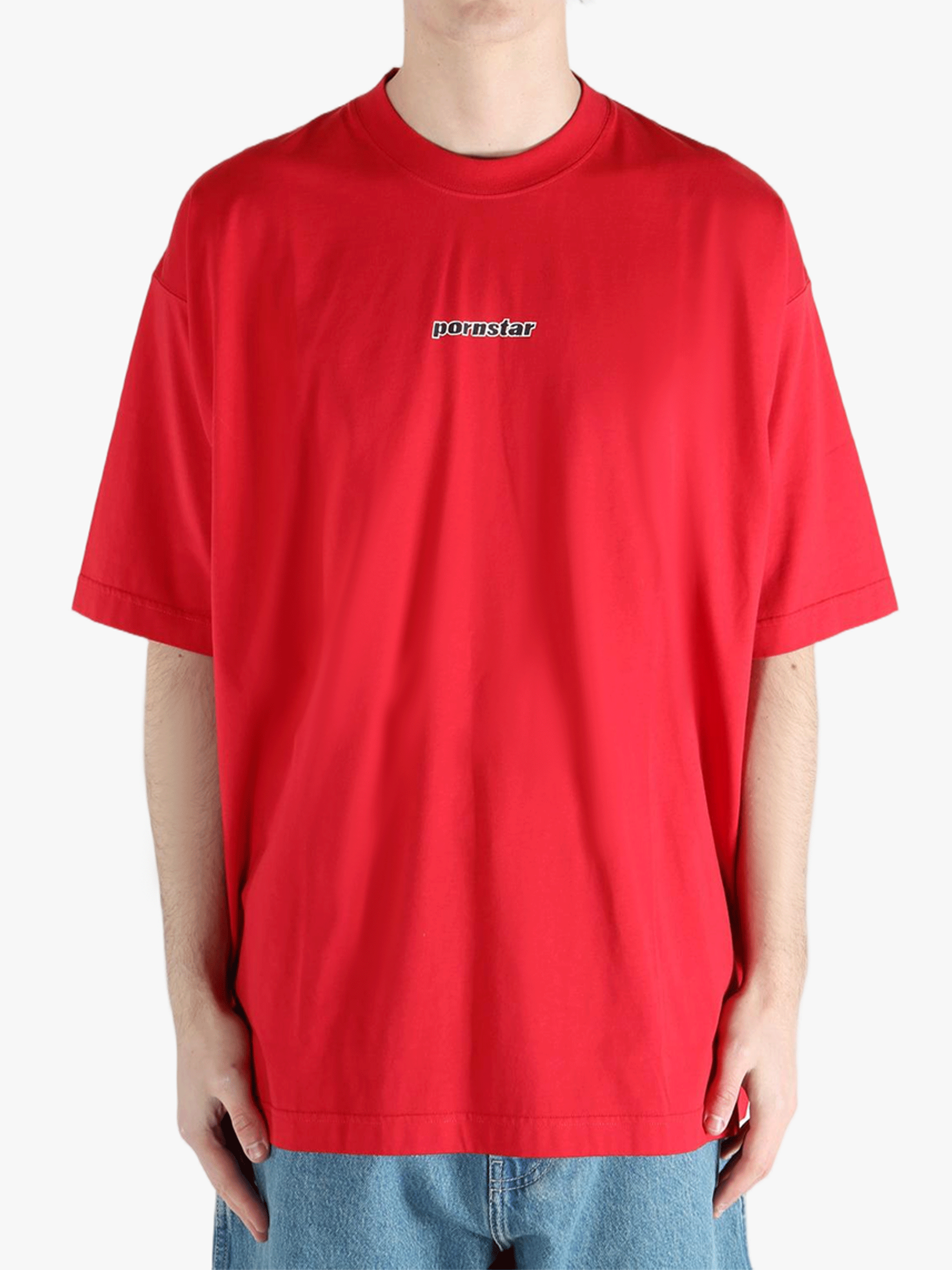 Red t-shirt worn by a person, showing the t-shirt fit