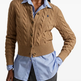 Brown cardigan worn by a person, showing the cardigan's fit