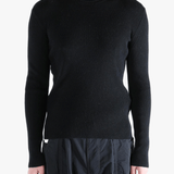 Black sweater worn by a person, showing the sweater fit