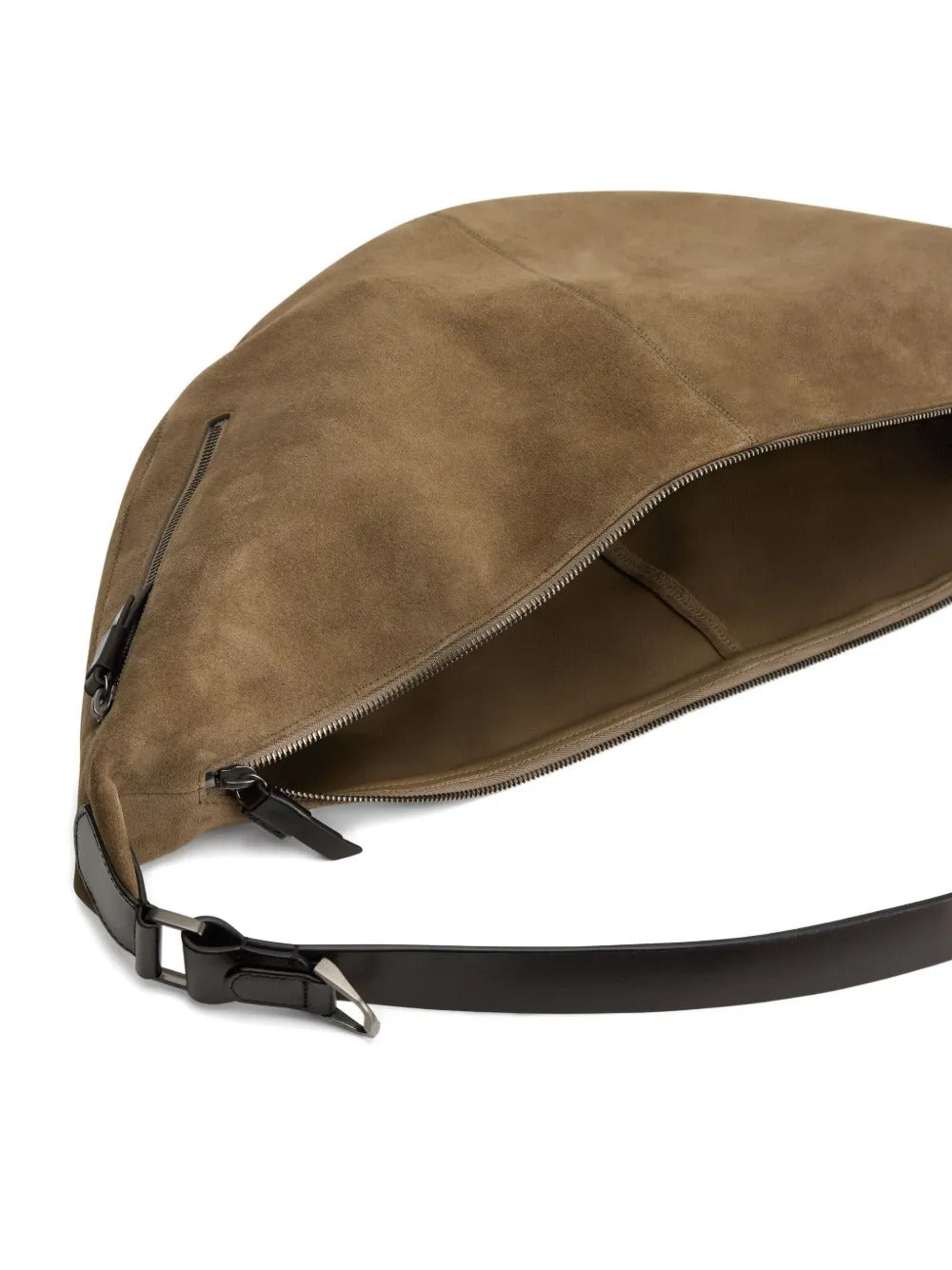 Close up of the brown bag, showing texture of the leather fabric