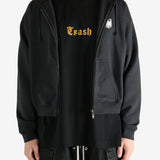 Black hoodie worn by a person, showing the hoodie's fit