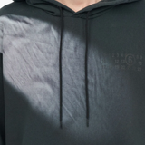 Close up of the black hoodie, showing texture of the cotton fabric