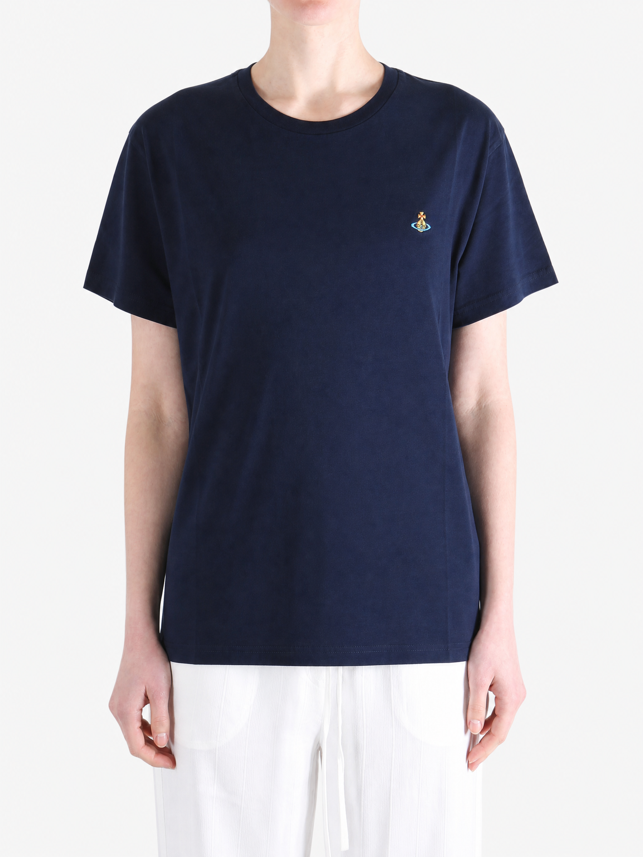 Navy shirt worn by a person, showing the shirt fit