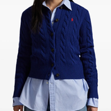 Blue sweater worn by a person, showing the sweater's fit