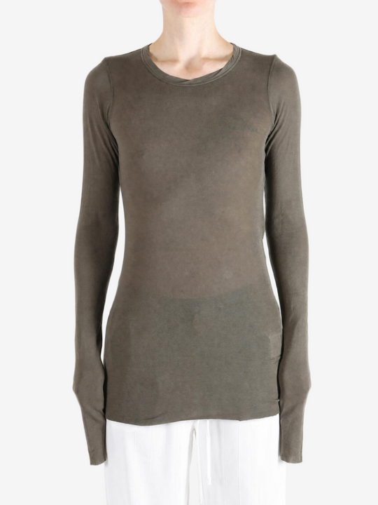 Grey t-shirt worn by a person, showing the t-shirt fit