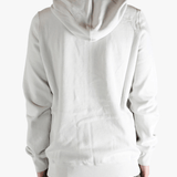 White hoodie worn by a person, showing the hoodie fit
