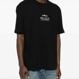 Black t-shirts worn by a person, showing the t-shirts fit