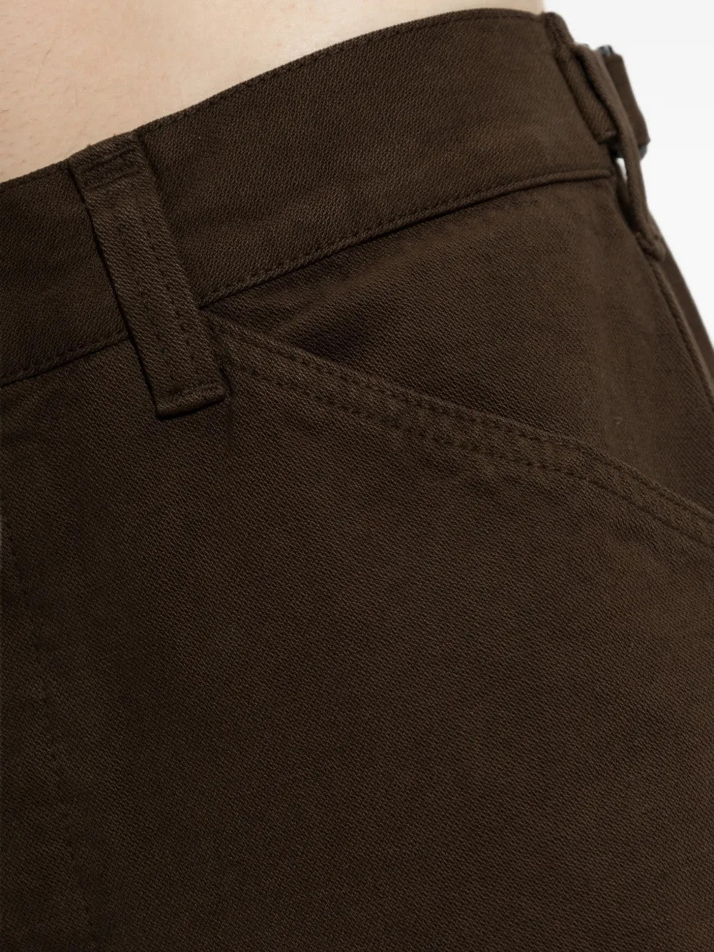 Close up of Brown pants, showing texture of the 100% cotton fabric