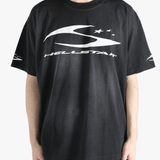 Black t-shirt worn by a person, showing the shirt's fit