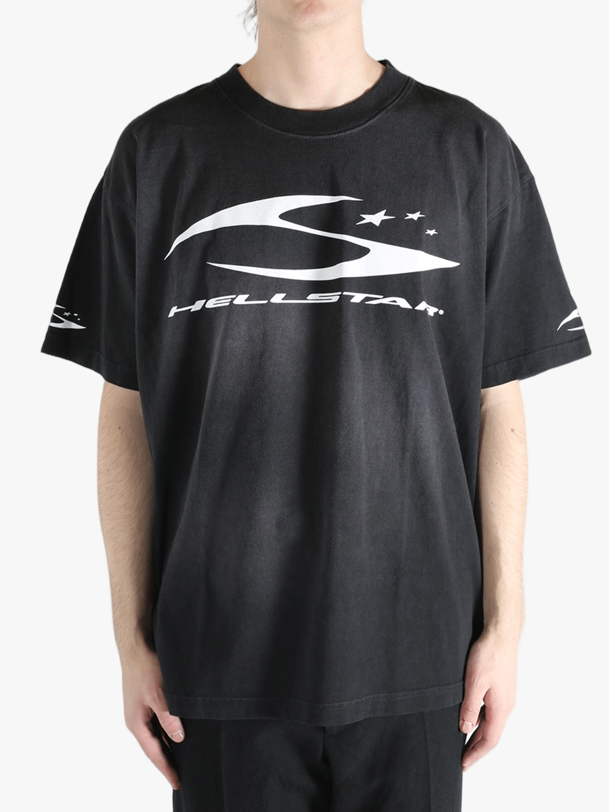 Black t-shirt worn by a person, showing the shirt's fit