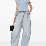 Blue top, full body view