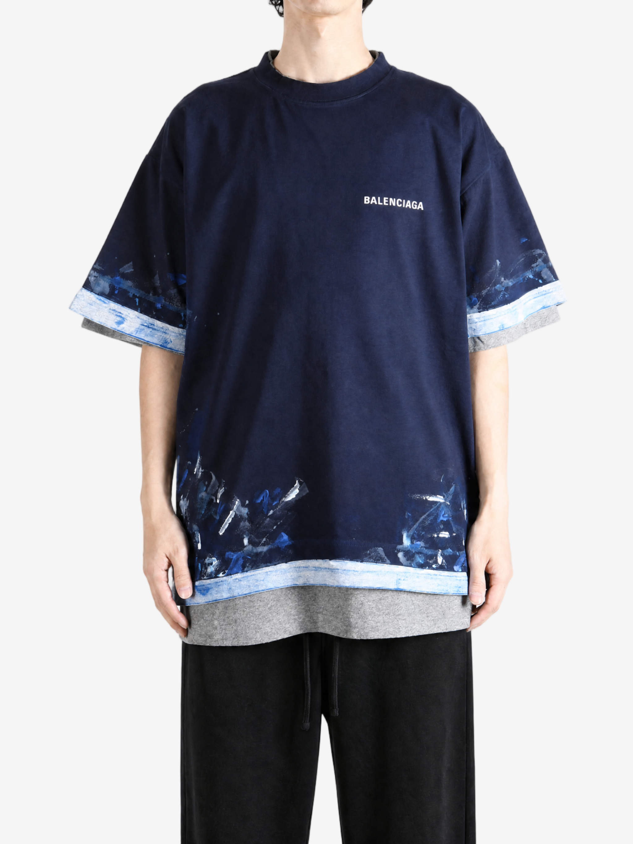 Navy t-shirt, full body view
