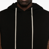 close up of black sweats-hoodies , showing texture of the cotton fabric