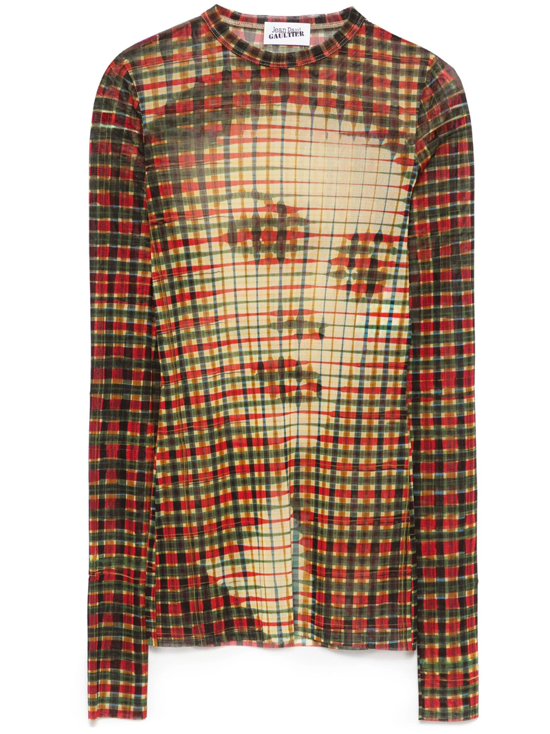 JEAN PAUL GAULTIER - Women Printed "Tartan Face" Mesh Long Sleeve Top