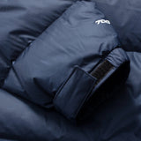 Close up of navy jacket, showing texture of the nylon fabric