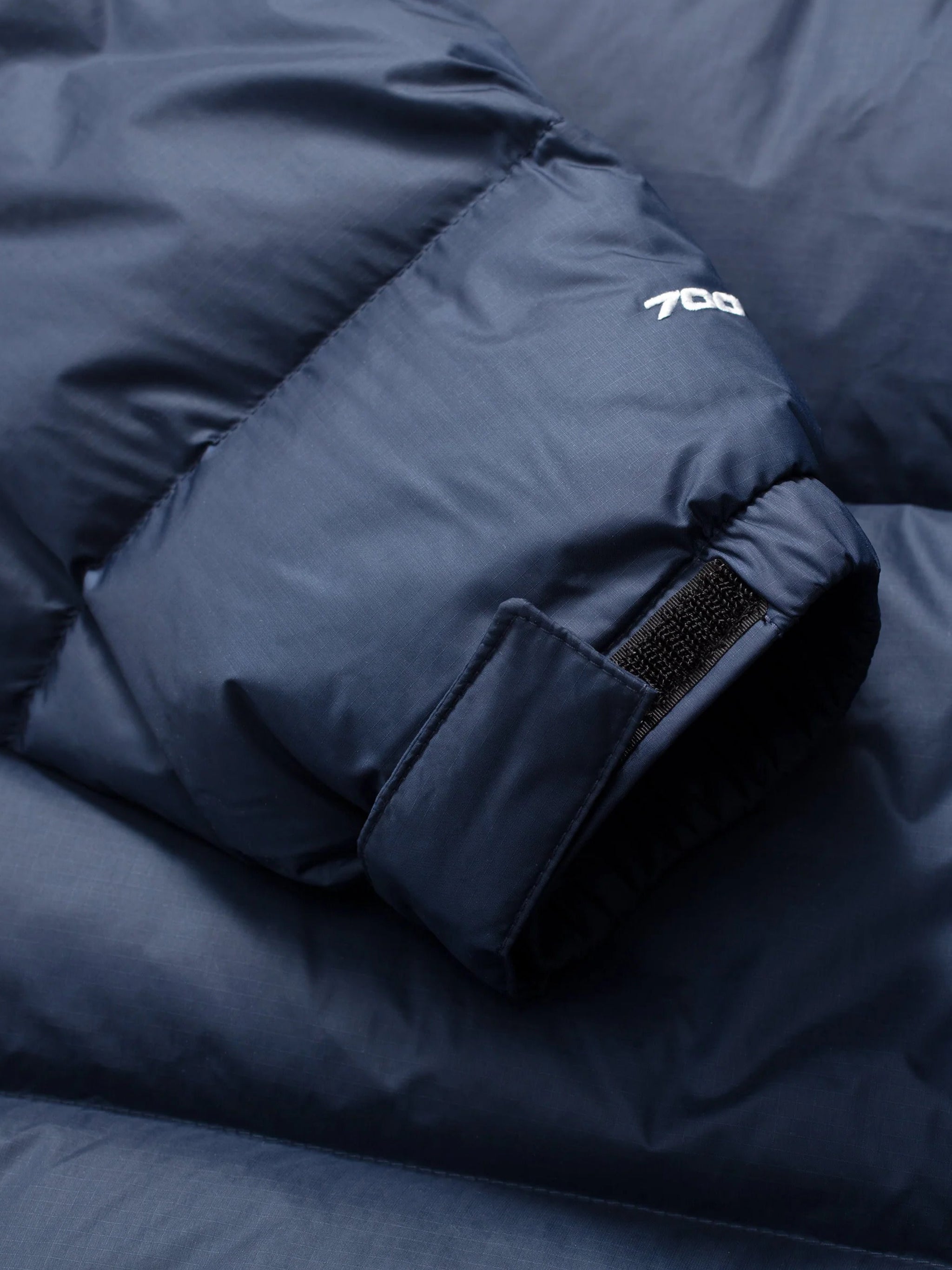 Close up of navy jacket, showing texture of the nylon fabric