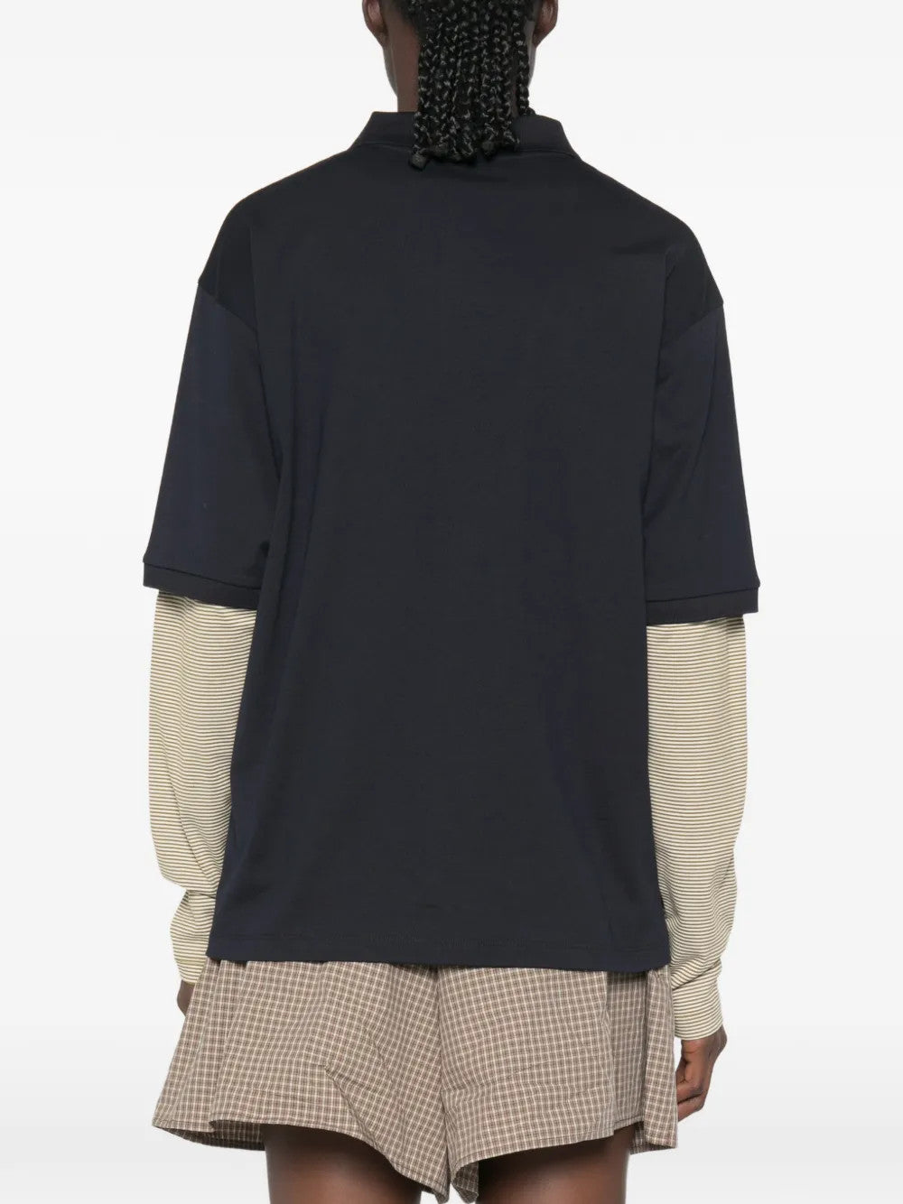Navy shirt, full body view