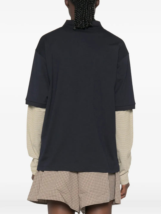 Navy shirt, full body view