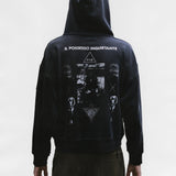 Black hoodies worn by a person, showing the hoodies fit