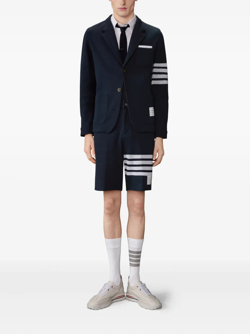 Navy shorts, full body view