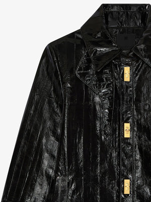 Close up of black jacket, showing texture of the calf leather fabric