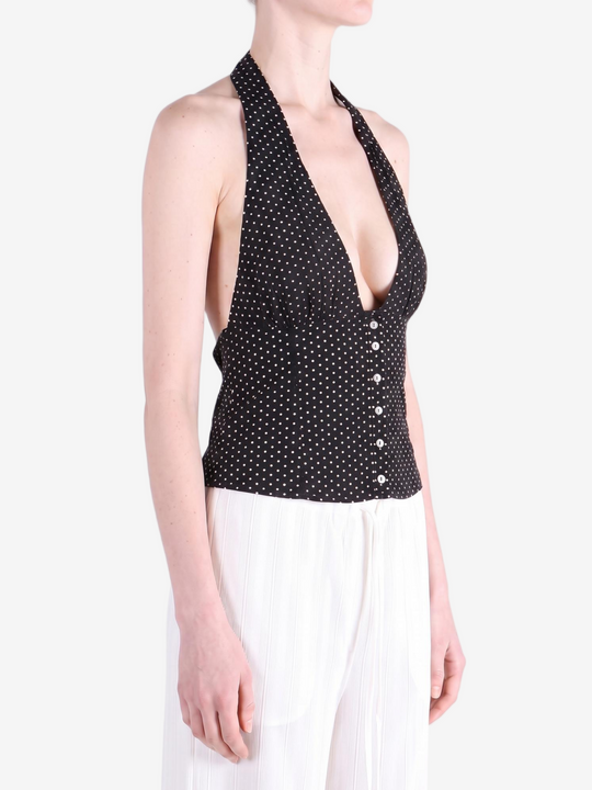 Black top worn by a person, showing the top fit