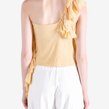 Yellow top worn by a person, showing the top fit