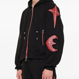 Black hoodie worn by a person, showing the hoodie fit