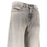 Close up of the grey jeans, showing texture of the cotton and lyocell fabric