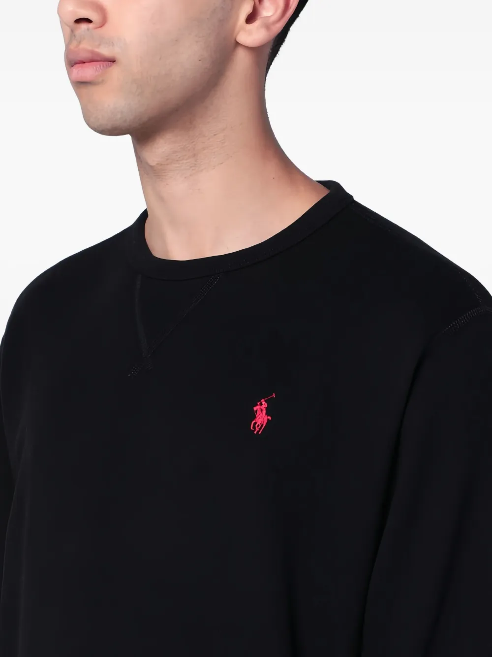 Black sweatershirt worn by a person, showing the sweatershirt's fit