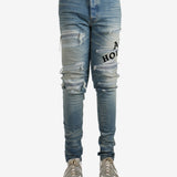 Blue pants worn by a person, showing the pants fit