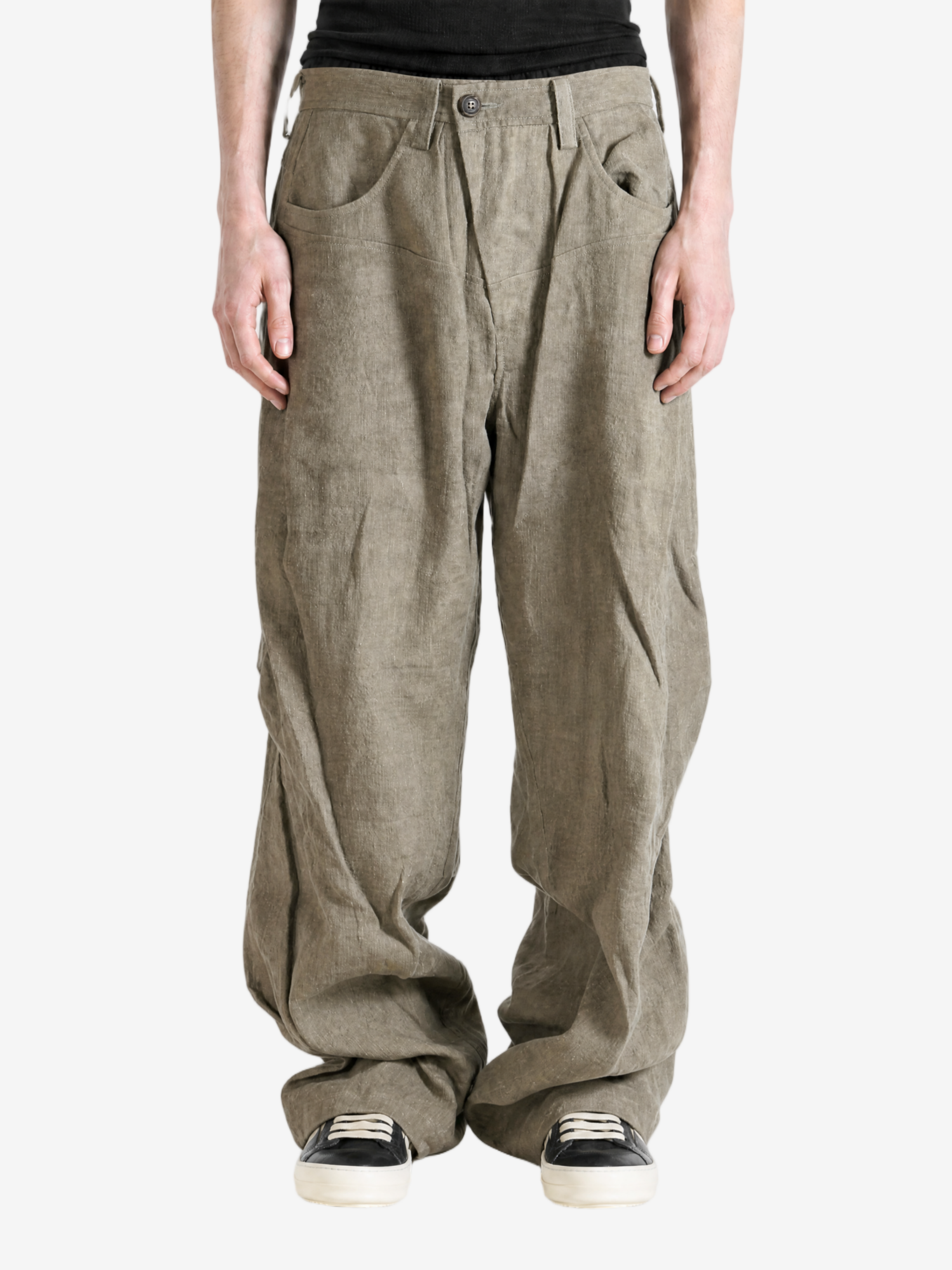 Green jeans, full body view