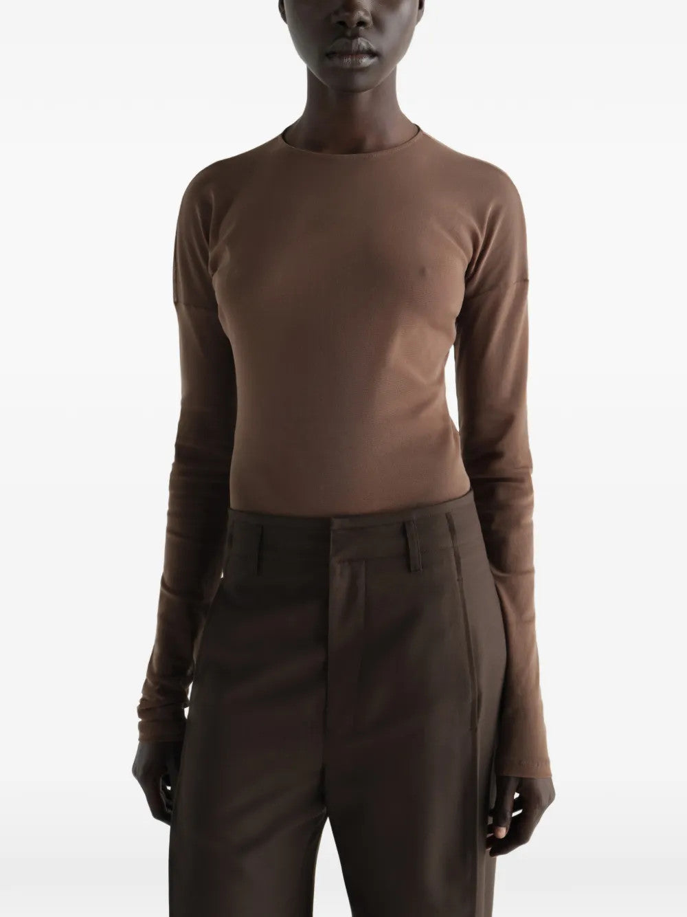 Brown top, full body view